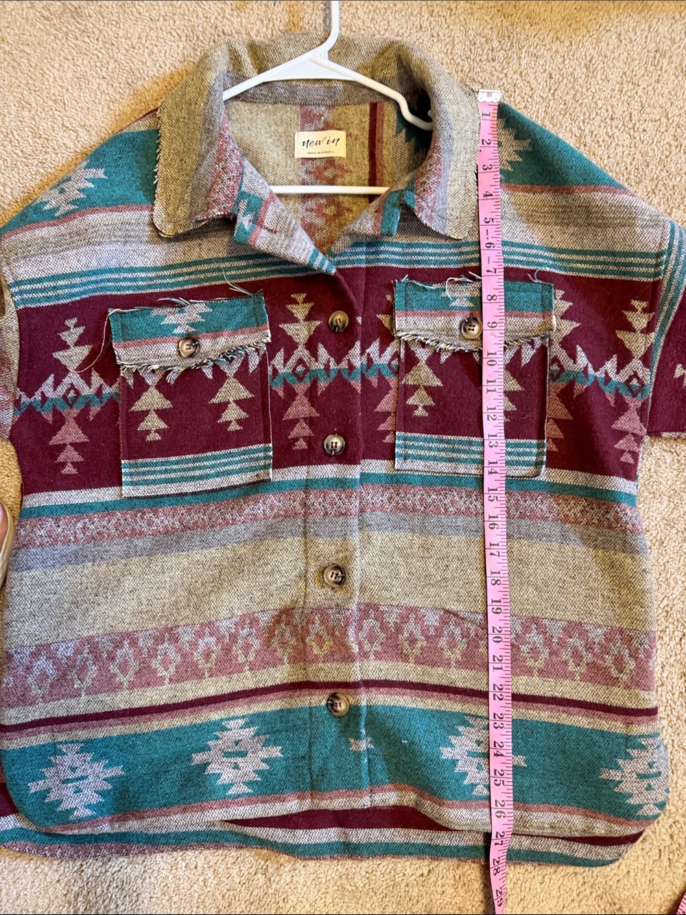 New In Aztec Native Flannel Shirt Shacket Western Blanket Jacket Raw Edge L - Picture 9 of 9
